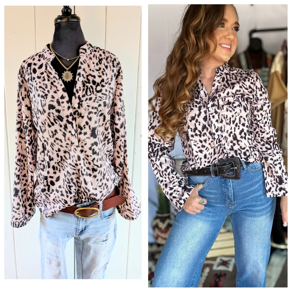 Leopard Print Popover  Blouse sz XL
